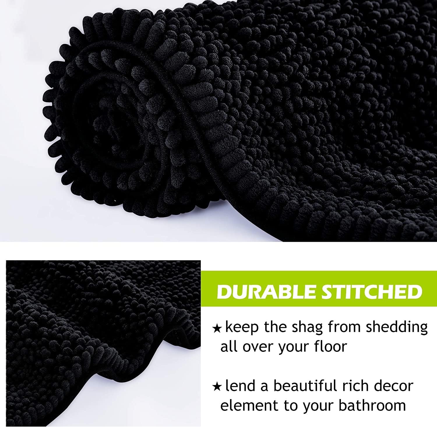 Black Bath Mat - Large Soft Bathroom Rugs Non-Slip Thick Shaggy Floor Cover Water Absorbent Quick Drying Shower Carpet For Toile